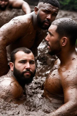 wide angle photography of two 29 years old marocan burly chubby mud men fighting in the mud, short hair, beards, manly chest, bullneck , photorealistic , view from the ground