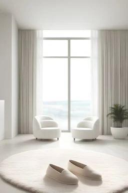 Minimalistic interior in beige tones with white walls. In the foreground, there's a fluffy rug and beige slippers. Panoramic windows in the background. Provide a realistic description, as if capturing the scene in a photograph