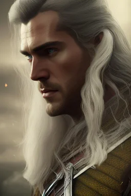 Henry cavil face, yellow eyes, long white hair, wearing The witcher 3, realistic, 4k, intricate, best quality, fog particles, fire particles, octane render, vray, sword fire