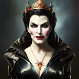 painting of evil queen in black leather, angry, strong, volouptous, busty, cleavage, emperious, mature, highly detailed, digital painting, artstation, concept art, smooth, sharp focus, illustration, art by gaston bussiere and alphonse mucha