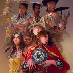 portrait,"Insanely detailed photograph of a gang of mariachi warriors", intricate chainmail charo, large colorful Sombrero,elegant cape, highly detailed D20, digital painting, artstation, concept art, smooth, sharp focus, illustration, art by artgerm and greg rutkowski and alphonse mucha, 8 k