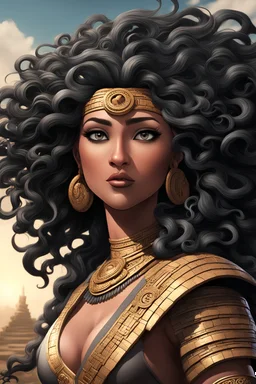 create a comic book art image of a Maya civilization curvy female looking to the side with a large mane of curly black flowing thru the wind. 2k prominent make up with hazel eyes. Highly detailed hair. Background of a Maya civilization