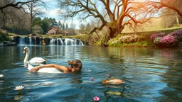 very beautifu lady is Breaststroke swimming in a beautiful river in country side with water falls and big tree,wild flowers and, swans pertty coloful fishes in river ,a pretty وbutterflies around flowers,heaven escape,