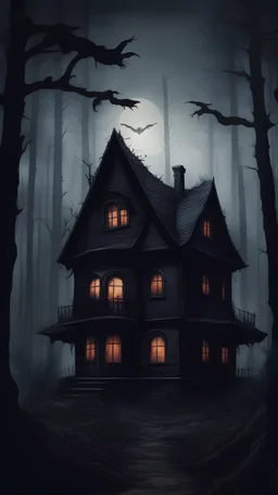 Realistic scary house against the backdrop of a dark forest in the style of a horror film