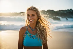 (in the style of Orion, by Masamune Shirow) A vibrant, hyper-saturated 35mm photograph captures a female free spirit, integrated into the chaotic atmosphere of the "Capbreton Surfing Underground Society." She stands confidently on a misty, dawn-lit beach, salt-crusted and grinning broadly. She has wind-swept, sandy-blonde hair, adorned with intricate, sun-bleached braids and colorful thread wraps. She wears a worn, hand-painted leather jacket with "CSUS" and psychedelic wave motifs stitched onto