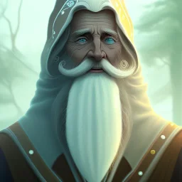 Portrait of old "Wizard Merlín" with long beard long white hear and hood apparel.extremely detailed face,crystal clear Big eyes,perfectly centered image,intricate detail.Diseney style, korra character face style.and Kilian Eng art color