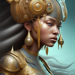 Sango fantasy, fantasy magic, intricate, sharp focus, illustration, highly detailed, digital painting, concept art, matte, art germ and Paul Lewin and Kehinde Wiley, masterpiece silver elephant head bronze Asian African girl nice breast Hawaiian hair turquoise golden waves