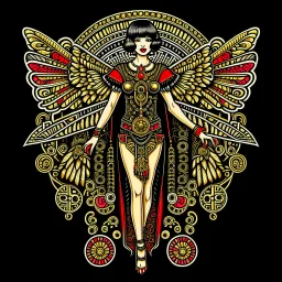 Full Body, Art Nouveau Woman With A Bob With A Fringe Hairstyle, Cleopatra Clothing, Steampunk Metal moth with red wings, Black Background