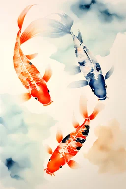 Watercolor on rice paper, Koi fish, Abstract animal symbolism, A watercolor artwork on rice paper incorporating abstract animal symbolism, exploring the interconnected meanings and representations within the Japandi cultural context. Watercolor, animal symbolism, abstract exploration. mute tone