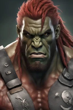 male, gray skin, green tone, orc, fighter, character, portrait, warrior, gladiator, bodybuilder, strong, war, detailed, fantasy, concept art, long hair, red hair, scary, stare, rage, barbarian, octane render, detailed art, 8k resolution, face, dreads hair, terry crews, dwayen jhosson, conan, barbarian armor, intimidation
