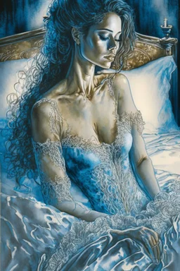 A beautiful woman in lace night gown in a luxury bed in a luxury bedroom, pastel blue watercolour and black ink, shiny gold metallic pieces outlining highly detailed digital painting elegant intricate very attractive award winning fantastic view crisp quality in candlelight