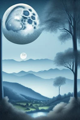 soft blue grey background, with a full moon highlighting the soft tones of the valley and trees below