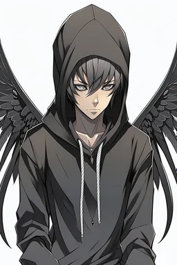 Anime man with black wings, realistic, wearing a hoodie