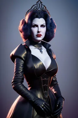 Lana Turner as evil queen in black leather, leather, busty, cleavage, angry, stern look. character design by cory loftis, fenghua zhong, ryohei hase, ismail inceoglu and ruan jia. unreal engine 5, artistic lighting, highly detailed, photorealistic, fantasy