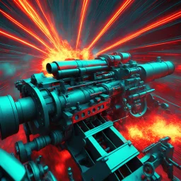 crazy psychedelic high res 3D anaglyph photo a view inside the cannon of a machine gun during ignition. Imagine the intensity of that moment. The raw power, the explosive force as the ignition sets off a symphony of destruction. The metal cannon glowing red hot, the bullets ready to unleash chaos. The flames, the heat, the adrenaline rushing through your veins. It's a dangerous beauty, a deadly dance. I must capture this moment with style, ensuring every detail is perfect. Every angle, every f