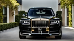A (((Super Black Rolls-Royce Cullinan))) featuring a luxurious interior, advanced technologies, and a sleek body kit designed by MANSORY, exuding an air of sophistication and power