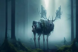 moose with exoskeleton in lush misty forest