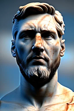 Ultra Realistic image, classical renaissance sculpture, white marble material, Lionel Messi, emperor style, chisel style, waist up portrait, epic, celestial, cinematic lighting, God light, god rays, 4k resolution, smooth details, ornate details, soft lighting, unreal engine 5, sky background.