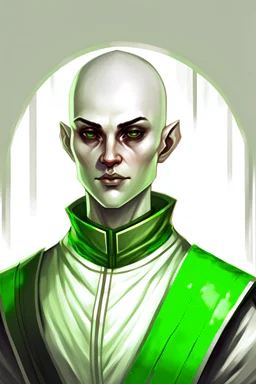 colour drawing portrait, fantasy setting, tall slender healthy 22-year old female human cleric with grey eyes, shaved head, wearing white and dark green (20% white, 80% dark green)