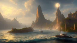 Atlantis, fantasy, landscape, realistic, volumetric lighting, 8k, RTX, style Albert Bierstadt