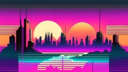 synth-wave, synth-wave one sun, synth-wave city, simple,iconic:1.8), synth-wave color in city, comic style