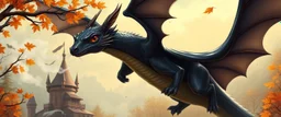 portrait of a shiny black dragon squirrel in autumn, flying above wooden castle, breathing smoke, book illustration
