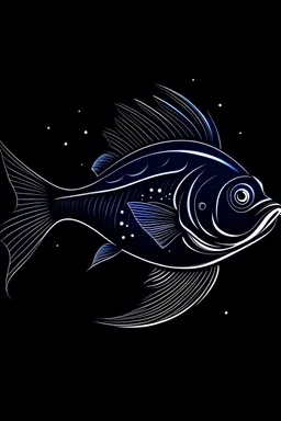 A sleek, silver fish with a single, neon fin, cruising through a starry night sky. Style: Art Deco, Mood: Mysterious and Glamorous, Lighting: Deep blue with neon highlights, T-shirt design graphic, vector, contour, white background.