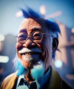 Ultra Realistic photo, medium shot view, drunken sweet happy old Asian man, carnival scene, monster hair, steampunk style. Blue hair, confeti, smile, happy, festival, ovnis, gradient color fog. highly detailed, concept art, unreal engine 5, ray tracing, RTX, lumen lighting, ultra detail, volumetric lighting, 3d, finely drawn, high definition, high resolution.