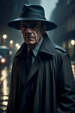 Imagen de un hombre de apariencia sombría, vestido con un sobretodo raído y un sombrero. Uno de sus ojos tiene un parche. Se encuentra caminando cabizbajo por las calles de Londres en una noche lluviosa.