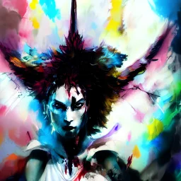 Fullbody portrait of an abstract angelic demon looking at a mirror, colorful charcoal painting, by yoji shinkawa on lsd, erratic brush strokes, sense of dread and death and blood, greg rutkowski, rough