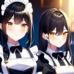 Clear focus, 8k, cat girl, high quality, detailed, black hair, golden eyes, beautiful lighting, vibrant colors, nervous, maid