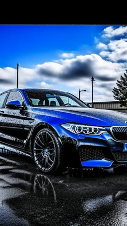 A new model bmw is having washing service, water and foam allover, vintage, dark, outdoor view, sky with clouds,