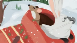 fantasy cartoon style illustration: A tiny mouse is sitting in a handglove on snow