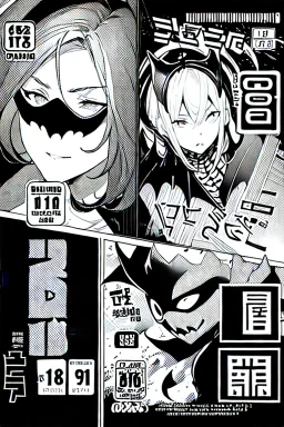 girl with demon mask in the middle of the room, line arts, manga cover, greyscale