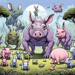 a lot of creatures standing back to the camera, some like an mutant strong pale purple pig like creature, rhinoceros like mutant, and others large strong body alien, a bristled mutant, a pig-like creature, a mutant rabbit alien with big eyes, a gray anthropomorphic big rhinoceros, all creatures looking at frog, opposite the camera one fat anthropomorphic frog with gray-green color shiny skin wearing human clothes and standing in front of a modern restaurant door and facing the camera