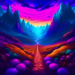 complicated, psychedelic, cinematic, moody, dark, purple tones, sharp focus, fantasy landscape, paradise, magical, high quality, 8k, digital painting, pathway to heaven, mountains, mosaic