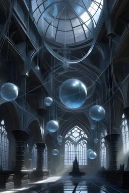 wizard workshop with a gothic/alien hybrid architecture, high vaulted ceilings, and a network of magically suspended tubes of water connected to larger floating globules of water, arranged in a spiderweb configuration