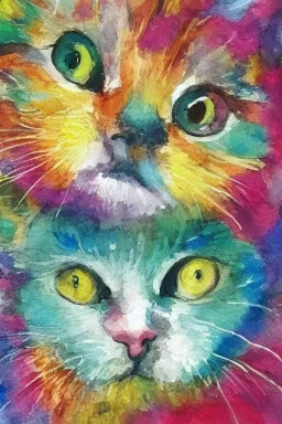 watercolor painting, cat, happy, bright color,