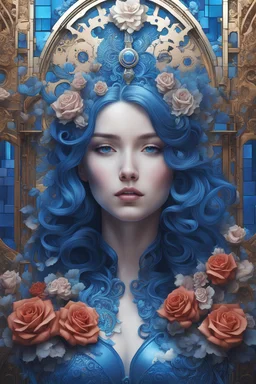 Heraldic blue hues set a cinematic scene on the eve of a James Jean pop art cyberpunk western in a steampunk world. Ornate details and tiny roses adorn the shattered colorful glass bricks that create a shiny translucent reflective wall, playing up the chiaroscuro effect