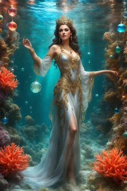 Fullbody excellent pose gorgeous photography art realistic,cinematic realistic colors,soft blur ,natural beauty, of young woman, smiling, beautiful, shiny grey eyes, make up,Queen Persian style, shiny baubles, ornate, large gemstones, shiny molten metalics, shiny wire filigree, brown hair, high definition, Walk in underwater scene teeming with colorful coral, many full fish,clownfish, and gentle sea turtle