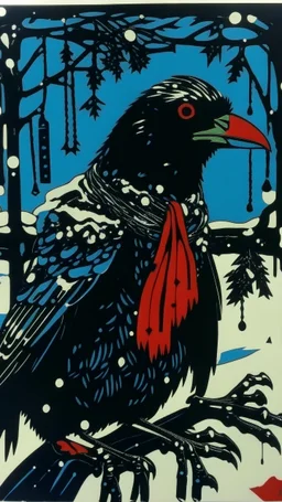 A contemporary serigraphy by Matisse of a human-like crow adorned in a punk leather jacket within a snowy Christmas atmosphere.