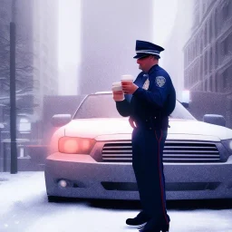 large cop drinking a coffee standing next to a cop car, snowy streets of new york at night, dramatic, dramatic lighting, volumetric lighting, hyperrealism, 8k, high quality, photorealistic, lot of details