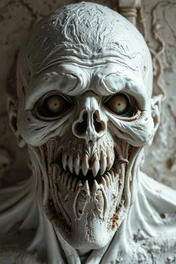 The face of a prisoner man with iron lucked on his mouth . Scary face , all in white texture decayed and rotting with grotesque proportions and imagery. abstract grotesqueries, detailed texture, surreal horror, biomechanical design, by hr giger and beksinski