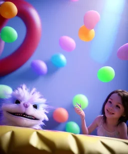 Ultra realistic speed room scene, wide angle view, teenager playing with feather pillows and inflatable monsters, circus dress style, feather color, free jumping, many trinkets, hair monster, many jelly beans, balls, smile, extreme, wind, soft color, highly detailed, unreal engine 5, ray tracing, RTX, lumen lighting, ultra detail, volumetric lighting, 3d, finely drawn, high definition.