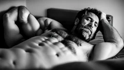 portrait photography of a serious 49 years old burly sicilian redneck, relaxing lying down over the bed in underwear, head on the pillow, emotive eyes, manly hairy chest, bulge, into a dark modest and intimate hotel, midnight, photographic, Canon EOS, 35mm lens, dim top lights, 8K lateral view , ambient occlusion , dim light