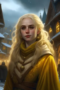 dnd, fantasy, high resolution, in a snowy northern town, portrait, angelic golden hair and yellow glowing eyes female trader, medieval times, without wings