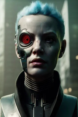 portrait post-apocalypse ,latex cyborg in a cyberpunk city, sci-fi fantasy style, 8k,dark colours