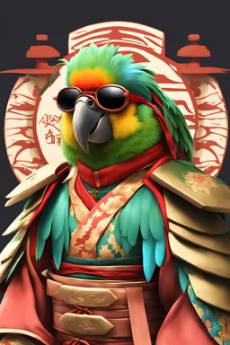 A cute parrot in samurai dress in Japan, portrait of half body, wearing sunglasses ,Photorealistic, next level resolution, 4k, ultra quality, hyper realistic