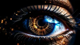 Piercing eyes with holographic iris showing constellations of neural synapses, dilated pupils reflecting floating mathematical equations, deep gaze with flashes of quantum understanding, eye veins forming fractal patterns of knowledge, eyelashes projecting luminous binary codes, philosophical cyberpunk style