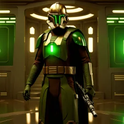 star wars bald male corellian jedi pilot wearing black and olive drab old republic armored flightsuit with gold trim inside the jedi temple holding a lightsaber with viridian green blade in left hand, centered head and shoulders portrait, hyperdetailed, dynamic lighting, hyperdetailed background, 8k resolution, volumetric lighting, light skin, fully symmetric details